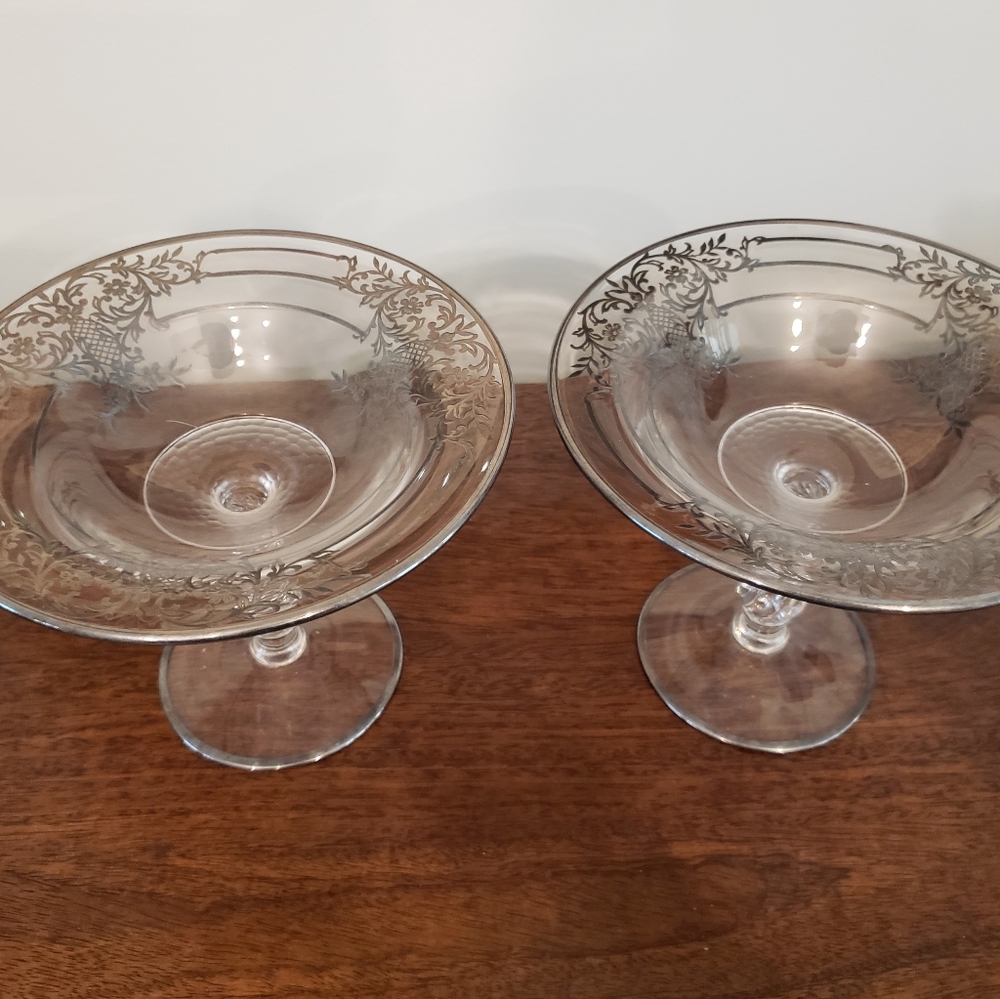 Set of 2 Crystal Pedestal Compote Dishes with Silver Inlay